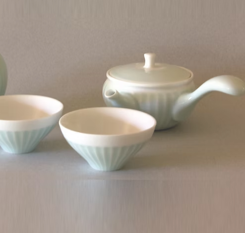Waved Kyusu Style Teapot w/ 2 Cups- Brown