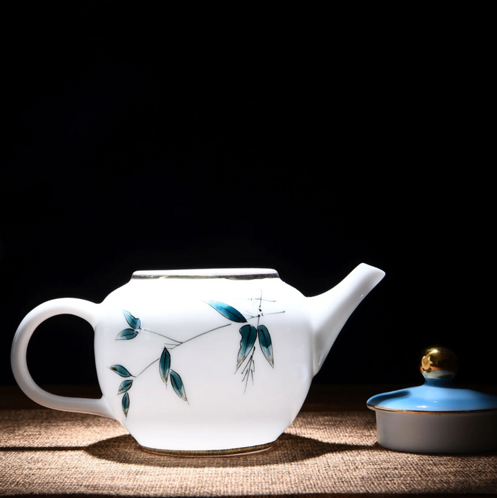 White Porcelain "Blue Bamboo" Hand-Painted Teapot-7oz