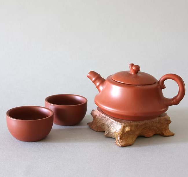 Yixing Red Bamboo Tea Set with Two Cups - 7oz